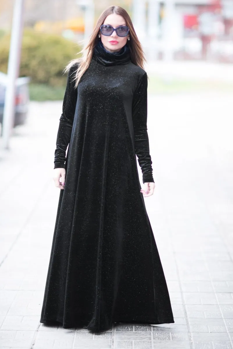 Turtleneck black velvet dress VIVIAN