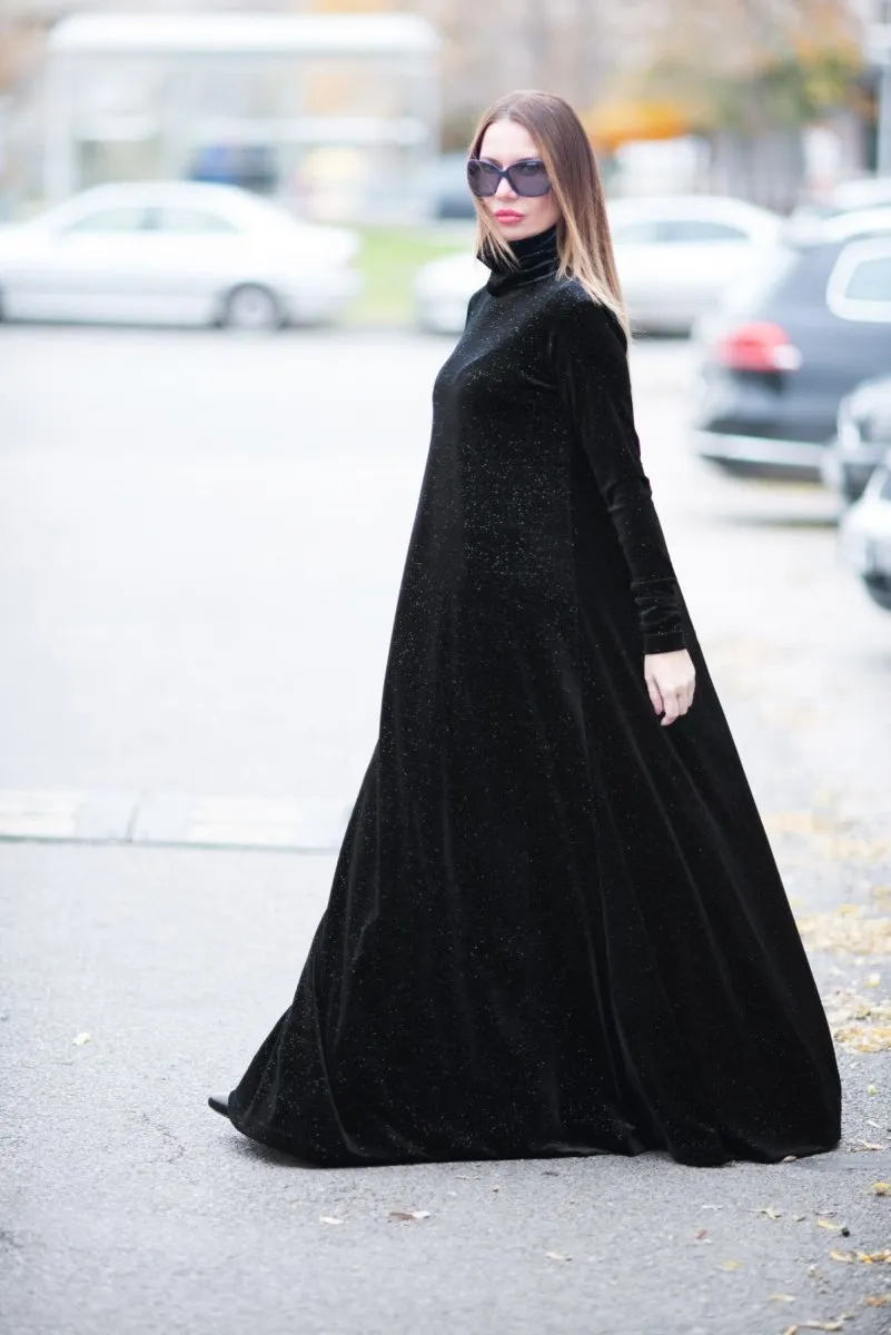 Turtleneck black velvet dress VIVIAN