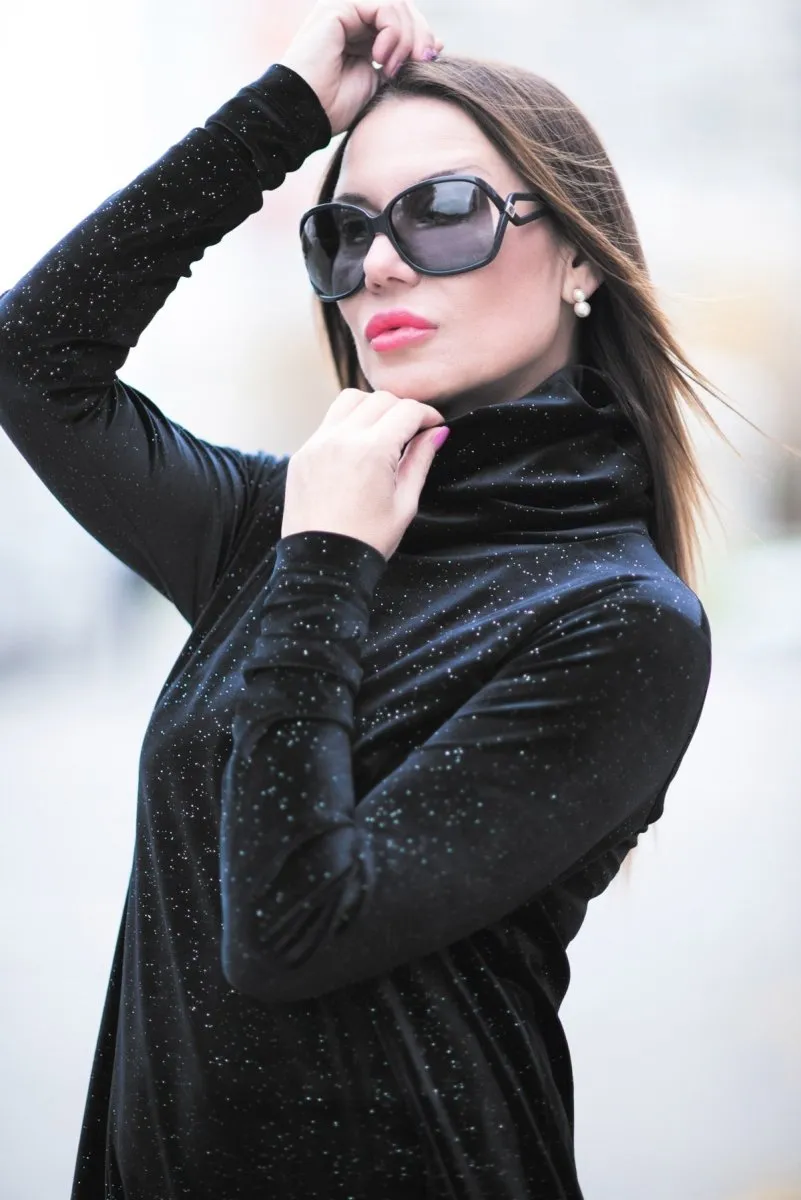 Turtleneck black velvet dress VIVIAN