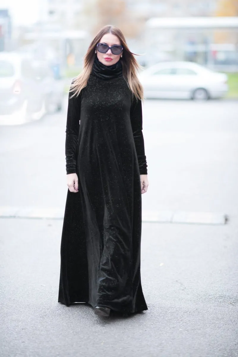 Turtleneck black velvet dress VIVIAN