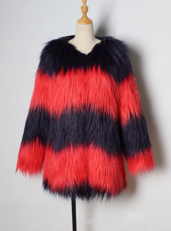 V Neck Faux Fur Coat Middle Length Contrast Color