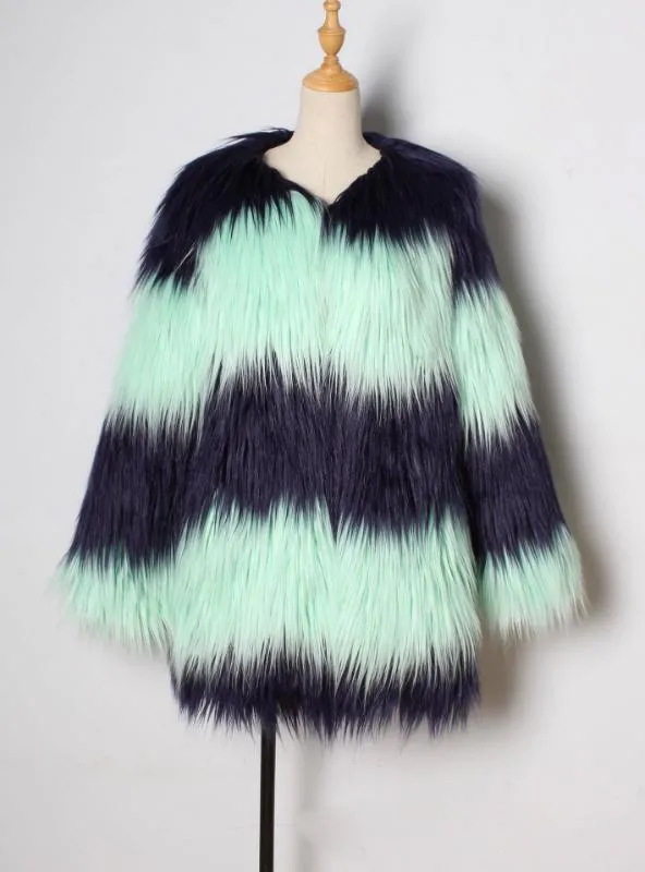 V Neck Faux Fur Coat Middle Length Contrast Color