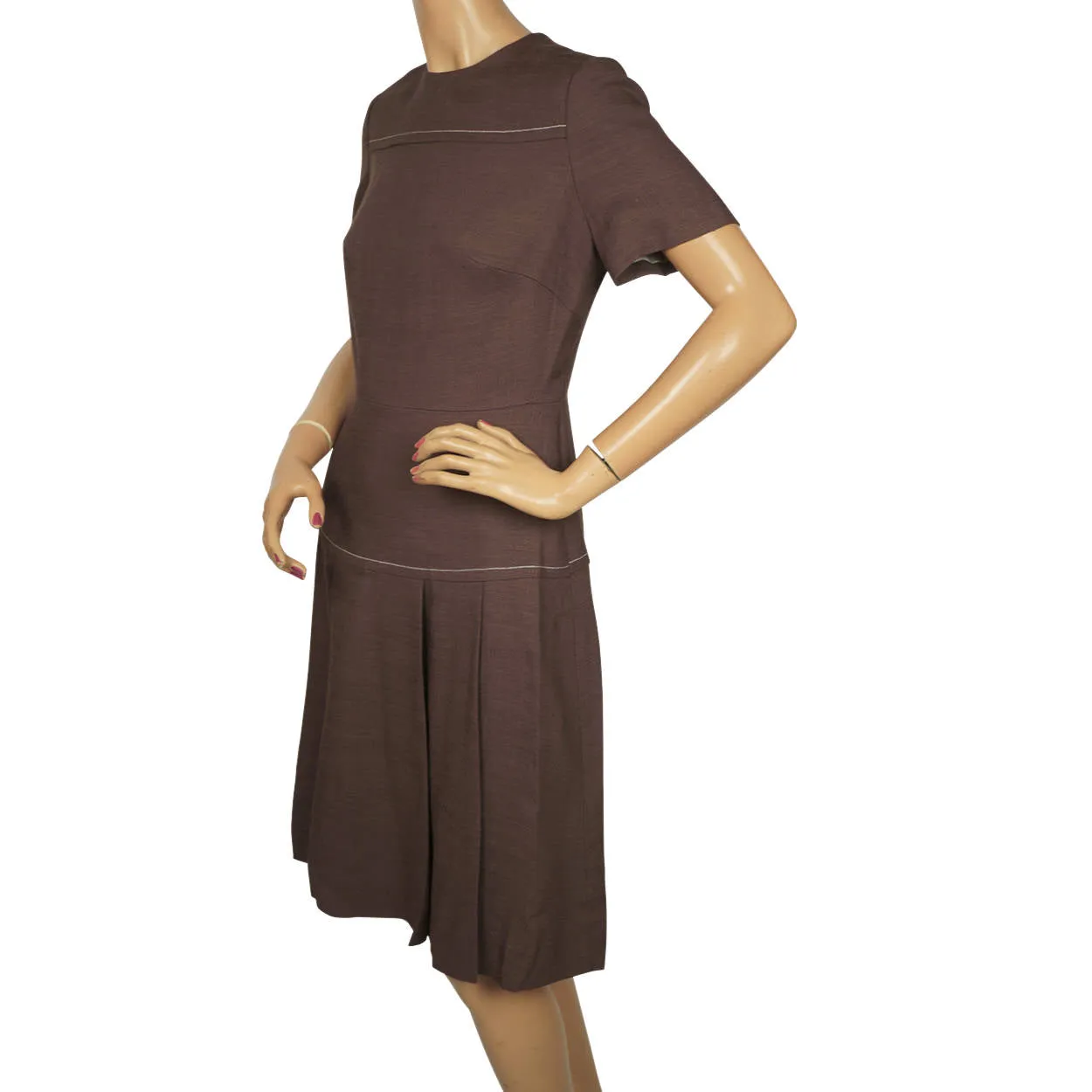 Vintage 1960s Mod Dress & Coat Ensemble Set Brown Linen by Montroy Size M