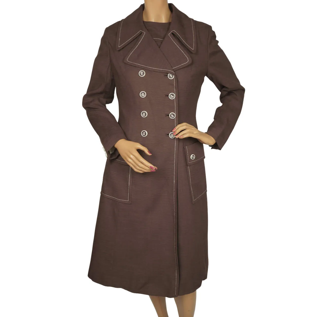 Vintage 1960s Mod Dress & Coat Ensemble Set Brown Linen by Montroy Size M