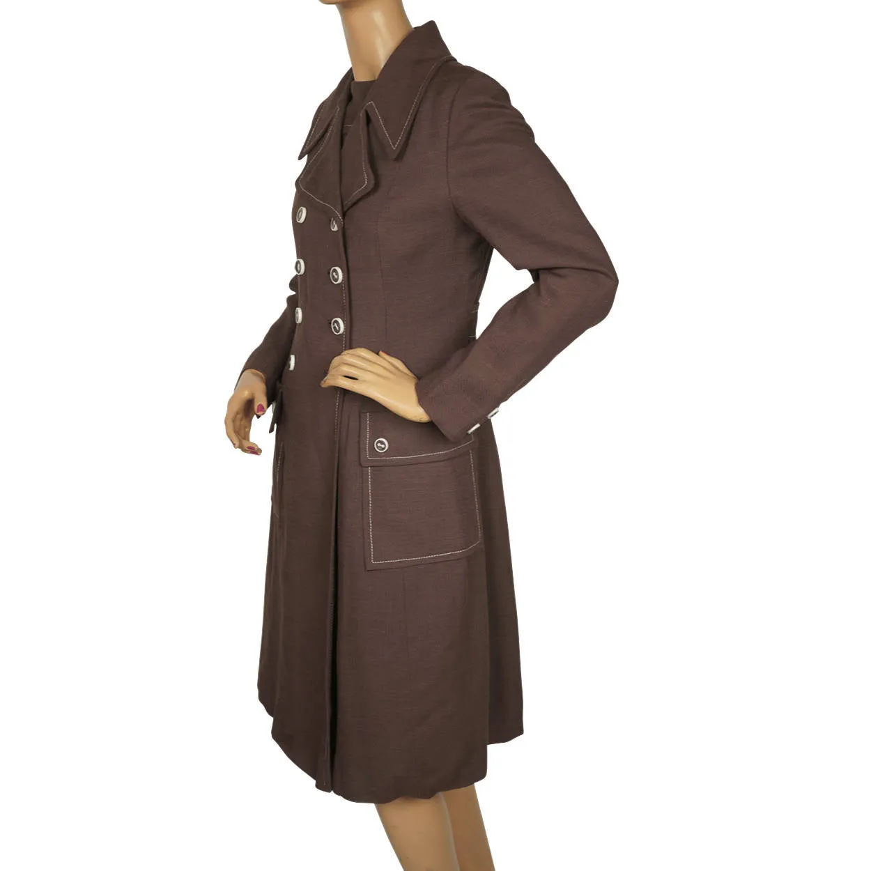 Vintage 1960s Mod Dress & Coat Ensemble Set Brown Linen by Montroy Size M