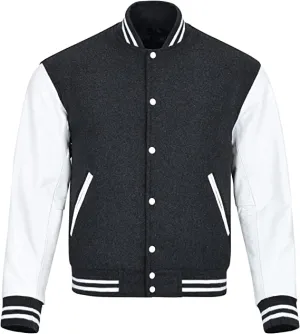 Warrior Gears Classic Hybrid Varsity Jacket University Letterman Bomber Jacket, Pure Wool & Original Cowhide Leather Jacket, Dark Grey Pure Wool Body & White Real Leather Sleeves