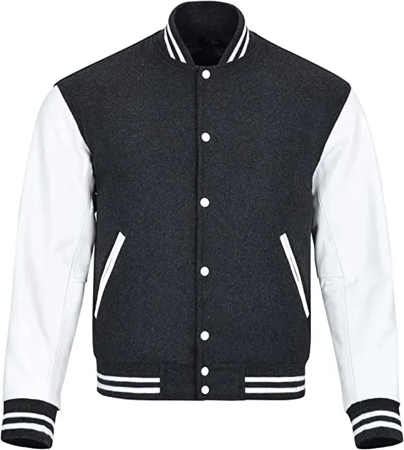 Warrior Gears Classic Hybrid Varsity Jacket University Letterman Bomber Jacket, Pure Wool & Original Cowhide Leather Jacket, Dark Grey Pure Wool Body & White Real Leather Sleeves