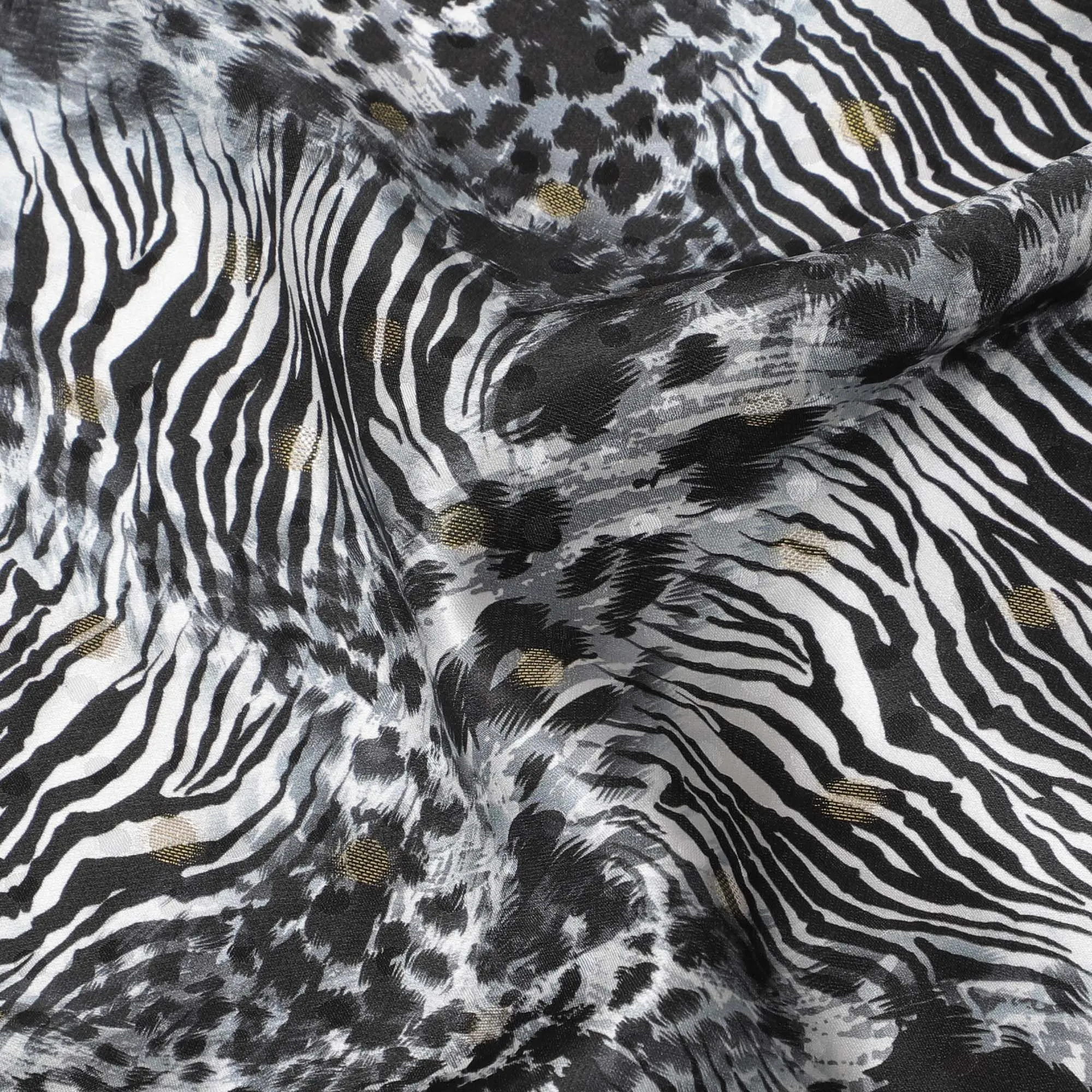 White Premium pure silk satin fabric with black and grey print having gold metallic in animal skin design-D17070