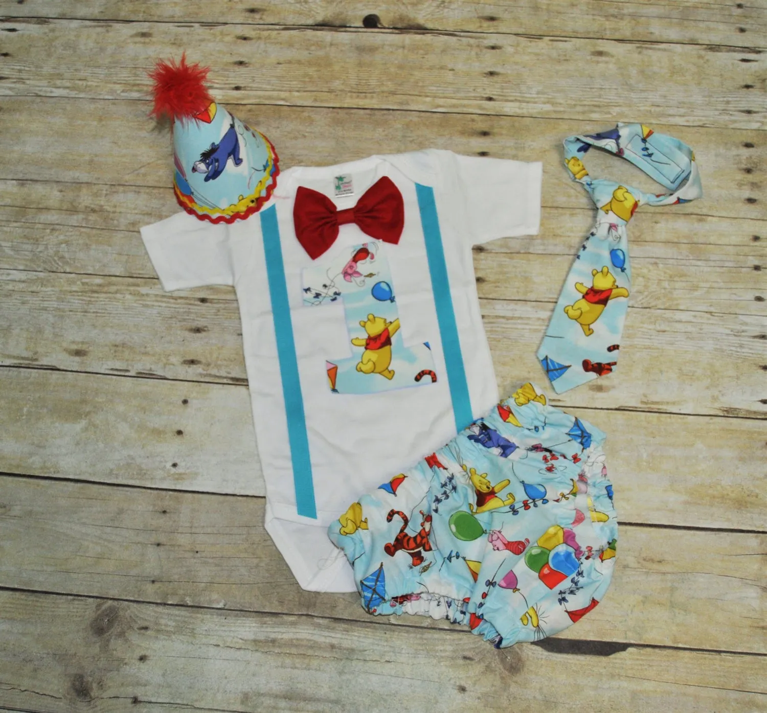 winnie the pooh birthday outfit, cake smash, winnie the pooh bodysuit, 1st, 2nd, 3rd birthday, Boys cake smash outfit, shirt, tie, hat