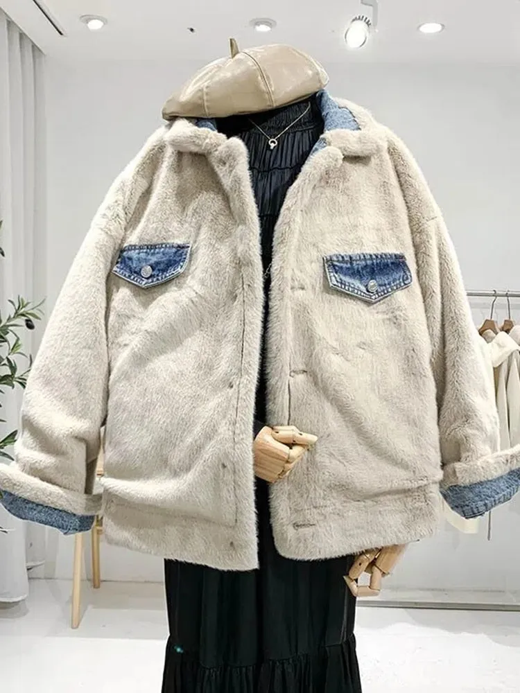 Winter Thicken Denim Jacket Women Loose Casual Warm Jeans Coats Street Wear Fur Collar Long Sleeves Female Clothes