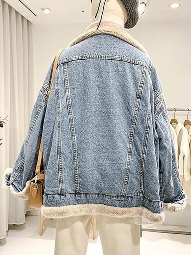 Winter Thicken Denim Jacket Women Loose Casual Warm Jeans Coats Street Wear Fur Collar Long Sleeves Female Clothes