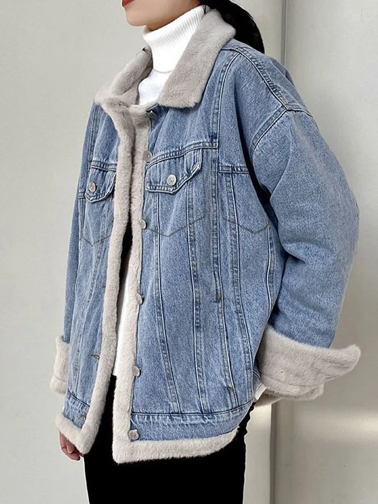 Winter Thicken Denim Jacket Women Loose Casual Warm Jeans Coats Street Wear Fur Collar Long Sleeves Female Clothes