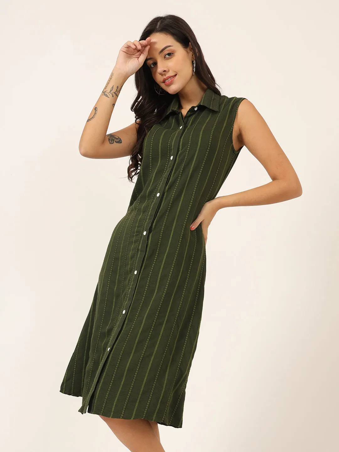 Women Shirt Collar A-Line Striped Dress