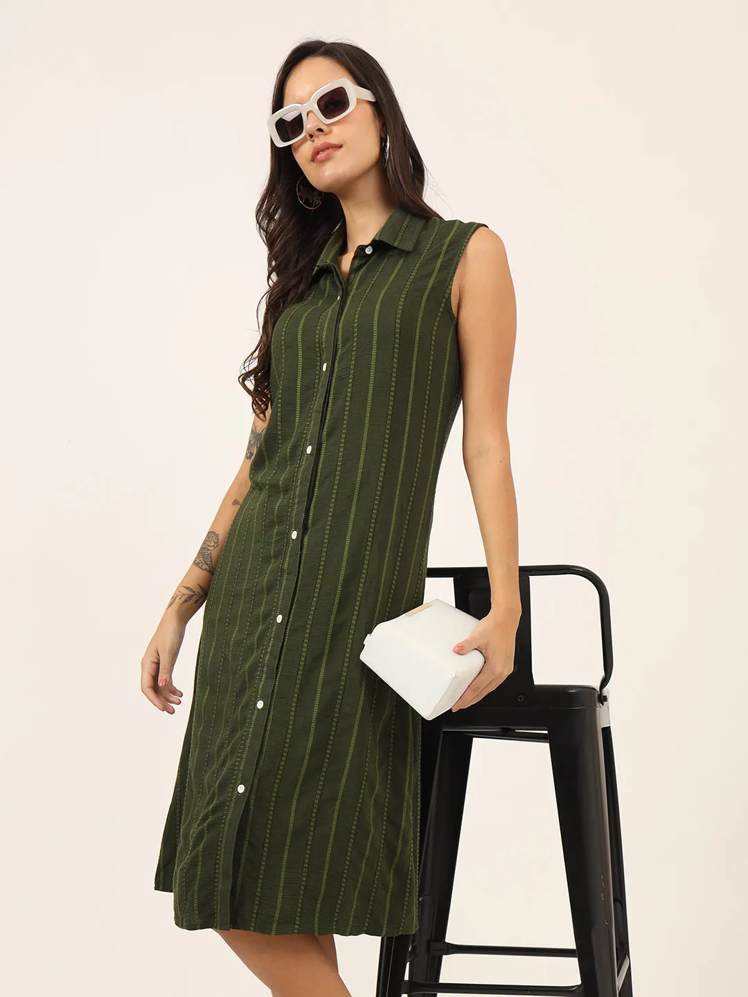 Women Shirt Collar A-Line Striped Dress