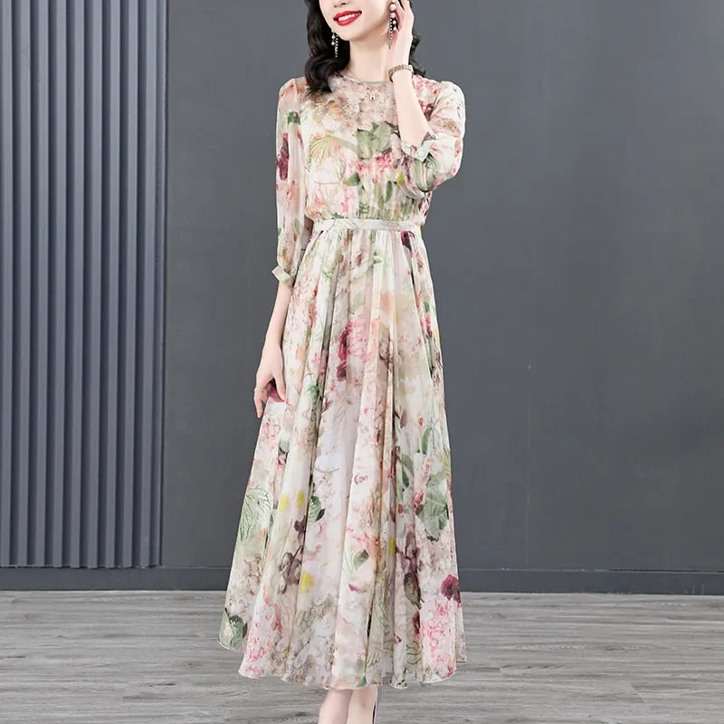 Women Summer Silk Floral Beach  Midi Plus Size Elegant Maxi Dress - WD8057