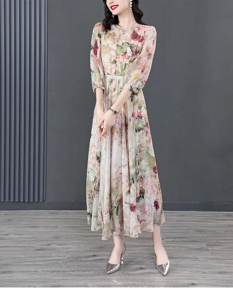 Women Summer Silk Floral Beach  Midi Plus Size Elegant Maxi Dress - WD8057