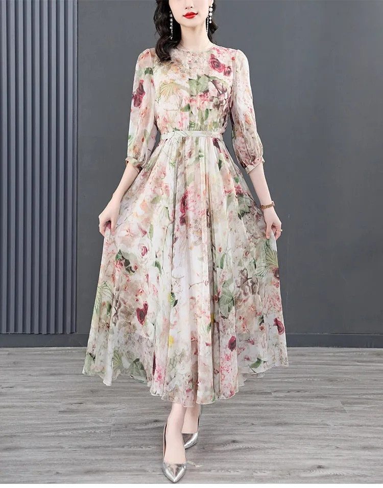 Women Summer Silk Floral Beach  Midi Plus Size Elegant Maxi Dress - WD8057