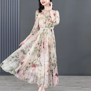 Women Summer Silk Floral Beach  Midi Plus Size Elegant Maxi Dress - WD8057