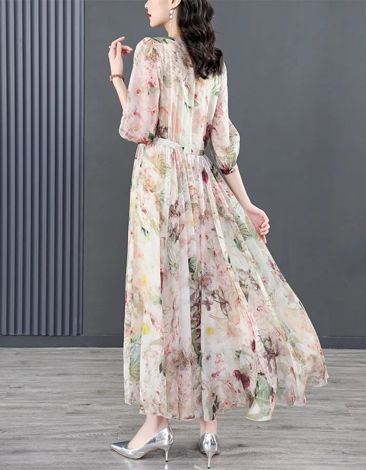 Women Summer Silk Floral Beach  Midi Plus Size Elegant Maxi Dress - WD8057