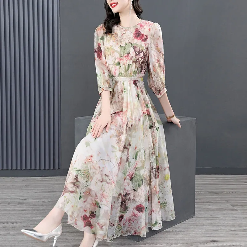 Women Summer Silk Floral Beach  Midi Plus Size Elegant Maxi Dress - WD8057