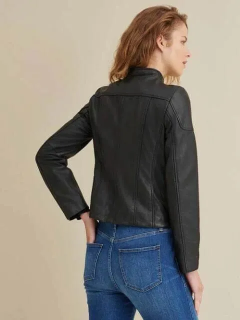 Women's Black Leather Crew Neck Biker Jacket