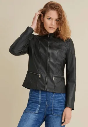 Women's Black Leather Crew Neck Biker Jacket